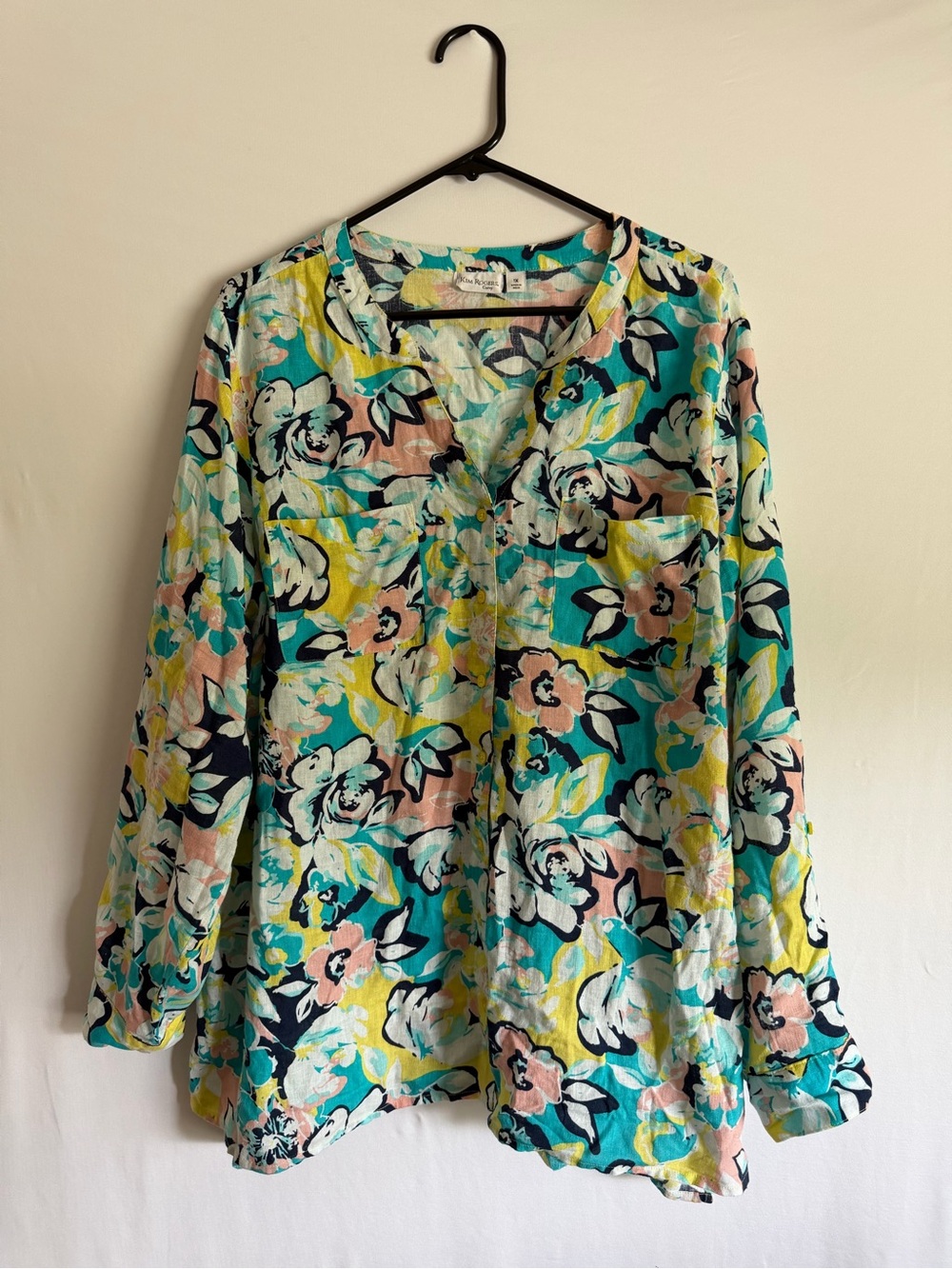 Kim Rogers Curvy Women’s Linen Blend Floral Button Shirt Roll Sleeve size 1X